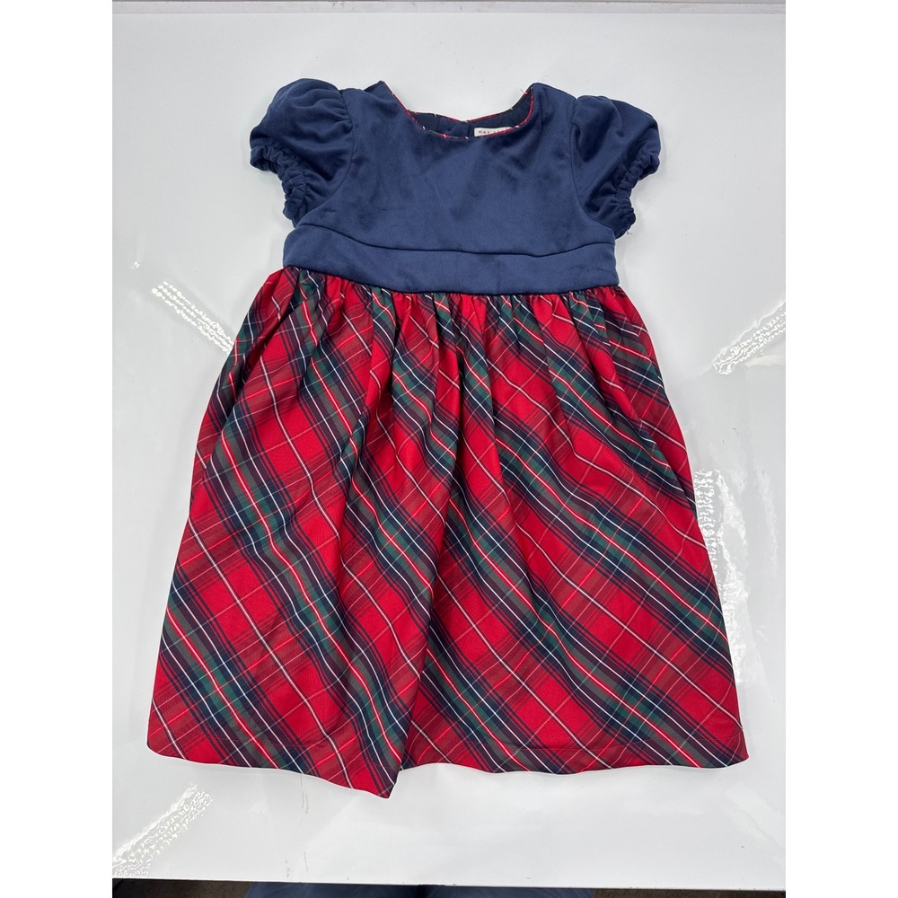 Max Studio Kids Navy Velvet Red Tartan Plaid Holiday Dress Girls 4T Short Sleeve